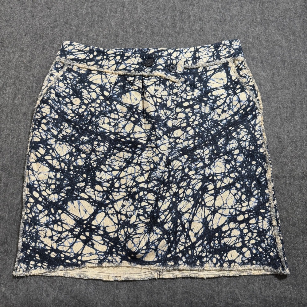 Michael Kors Linen Mini Skirt Navy Cream Batik Print Raw Edge Size 8
